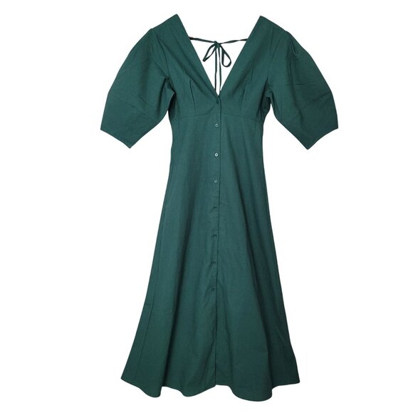 Commense Button-Front Knotted Maxi Dress Womens XS Green Linen Blend NWT - Picture 1 of 11